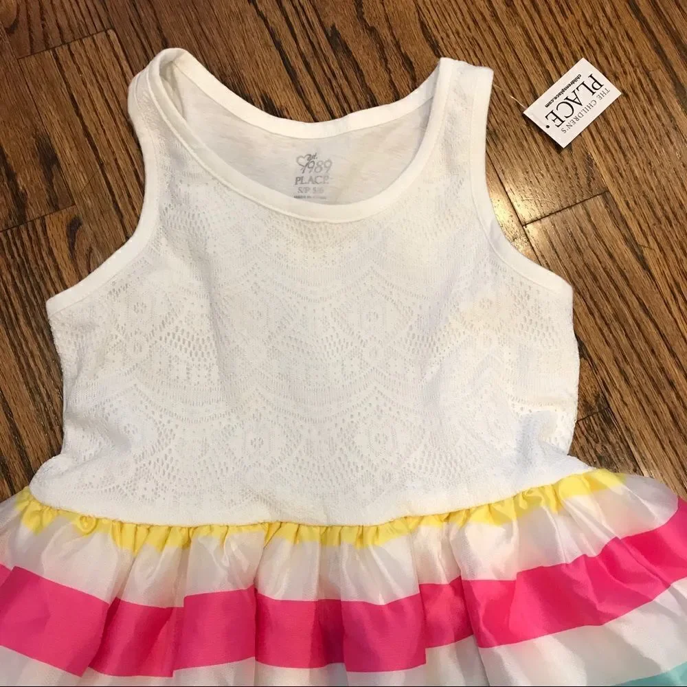 NWT New CHILDRENS PLACE White Rainbow Stripe Party Dress Small 5 6
